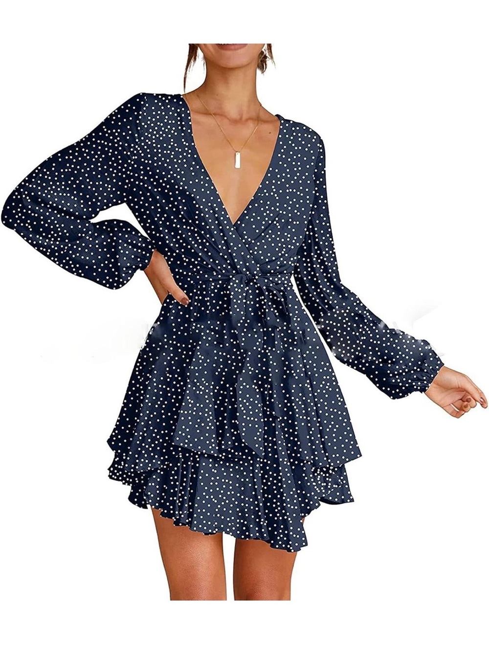 Polka Dot Navy Wrap Ruffle Mini Dress